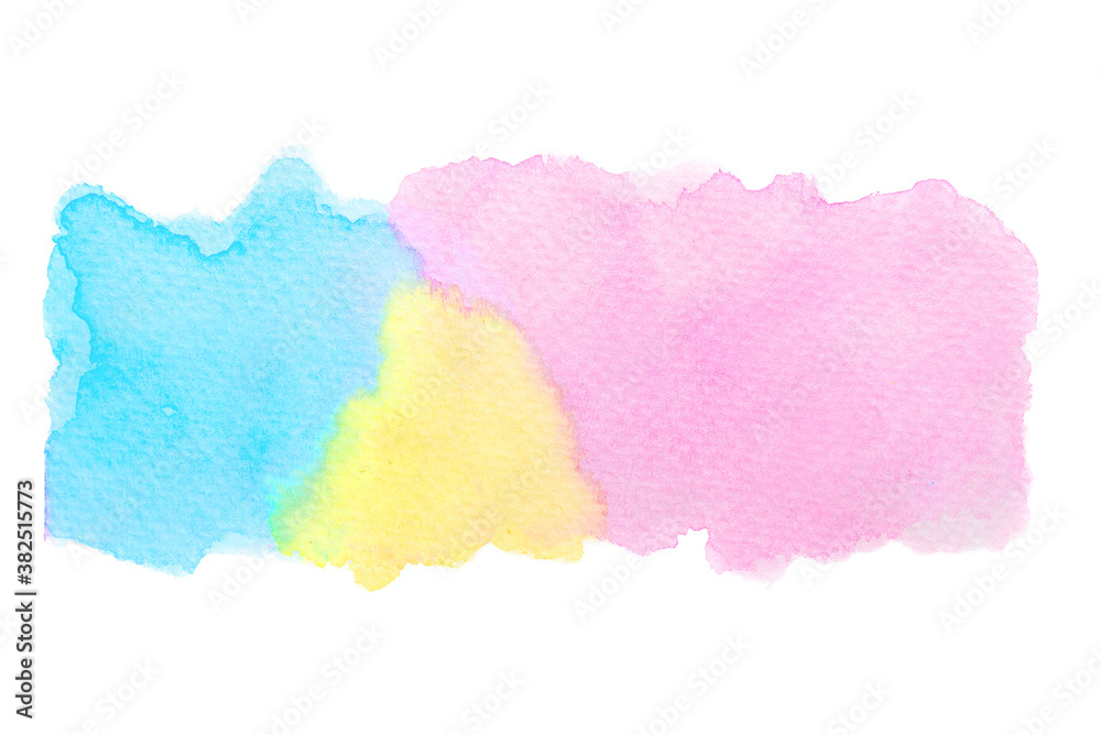 Hand painted blue, yellow and pink watercolor shades on white background.