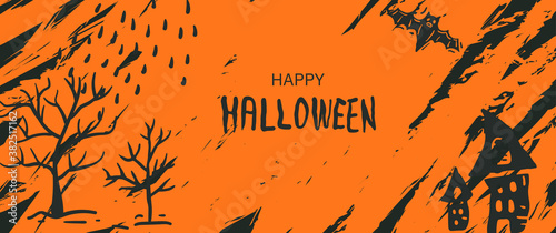할로윈 파티를 기념하는 배경과 자연스러운 손으로 그린 그림. 캘리그라피 제목