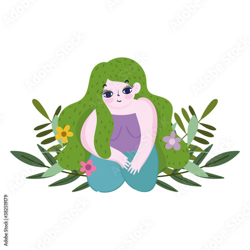 girl in the floor with green hair flowers isolated icon style