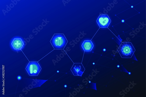 Medical Technology in Network connection. Set of heath icon on blue background with line and connected together. Symbol of doctor with heart, chemical, biology and atom molecule.