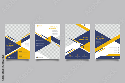  corporate business company flyer template and brochure design mock up with connected hexagon polygons in orange and blue shades as space for photo collage. white background