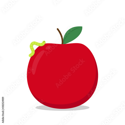 Worm on Red apple. worm vector. wallpaper. free space for text. copy space.