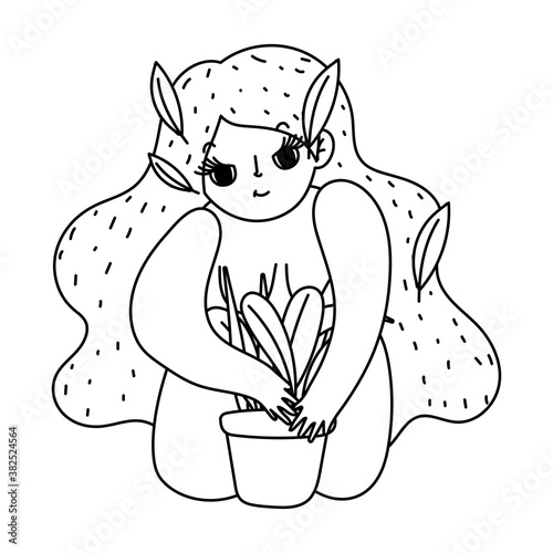 gardening, girl with hairstyle and planting plant isolated line icon style