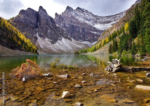 View of Lake Agnes with golden larches in Banff national park.