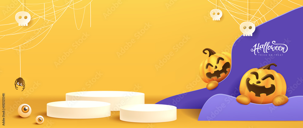 Halloween background design with product display cylindrical shape and ...