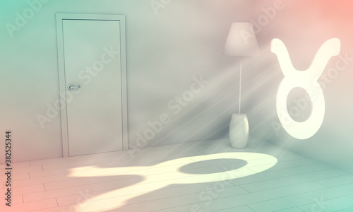 Empty room with sunlight shining through astrology sign shaped window. Zodiac symbol of the Bull. 3D rendering