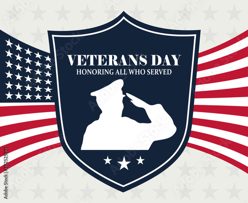 happy veterans day, soldier shield over american flag