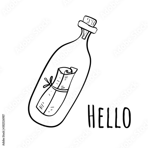 Bottle with a letter to the sea. Vector design element. Coloring page or book for children and adults.