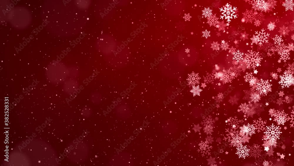 Natural Winter Christmas loop background with Red sky, heavy snowfall, snowflakes in different shapes and forms, snowdrifts. Winter landscape with falling christmas shining beautiful snow