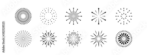 Set of black fireworks icon. Collection of line simple firecracker. Cartoon style on white background. Flat design elements for party, anniversary, festive, celebration. Vector illustration.