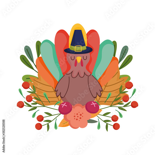 happy thanksgiving day, turkey with pilgrim hat flower fruits foliage celebration