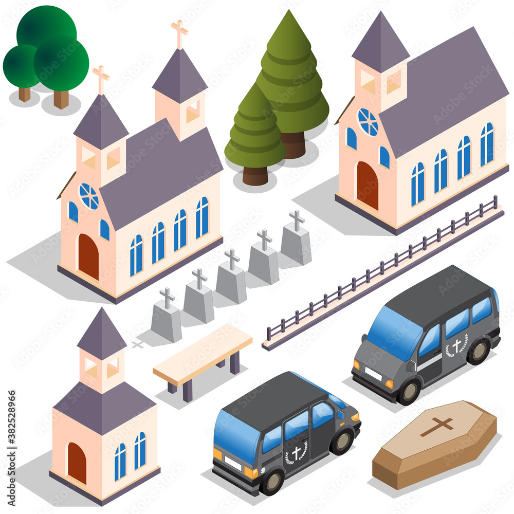 Set for the cemetery. Isometric. Isolated on white background. Vector illustration.