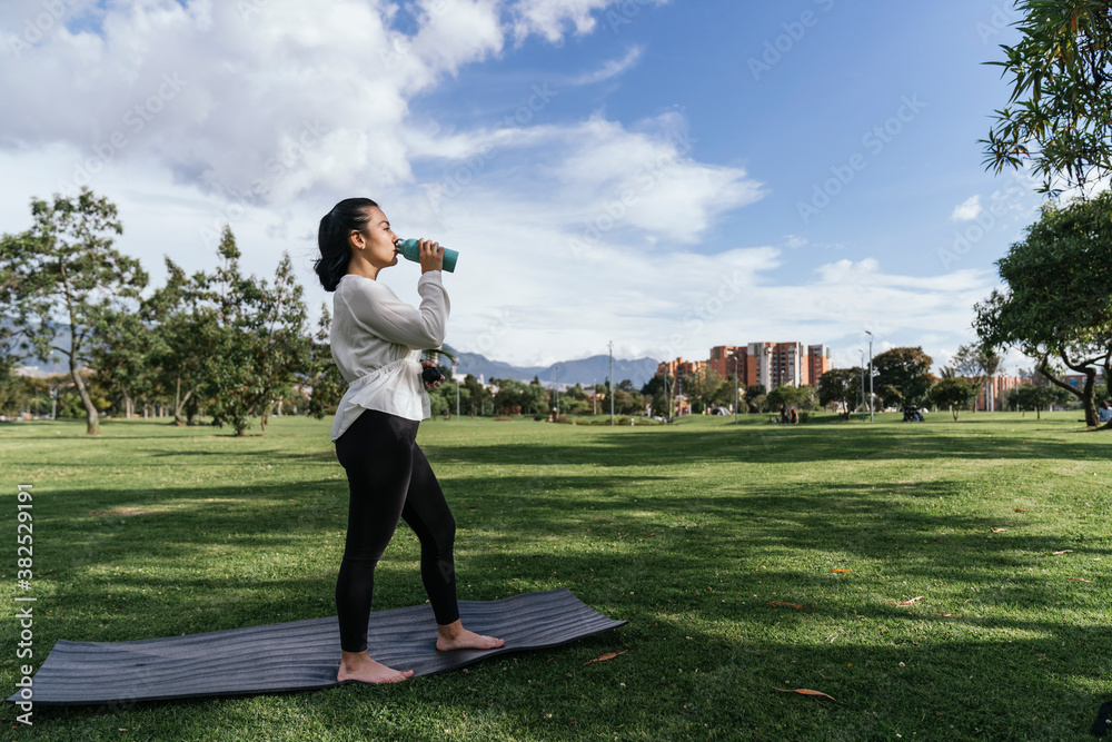 Fototapeta premium Woman doing yoga outdoors at a park