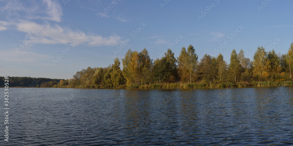 Summer fishing on the Desna river, beautiful panorama.

