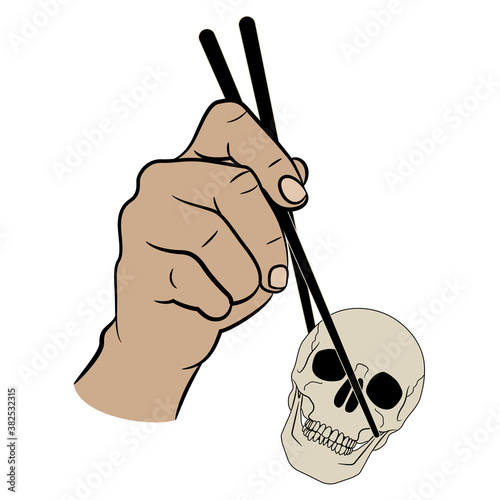Human hand holding human skull with chopsticks. Creative concept for unhealthy food.