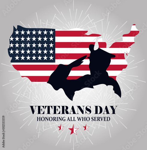 happy veterans day, silhouette soldier on map with american flag