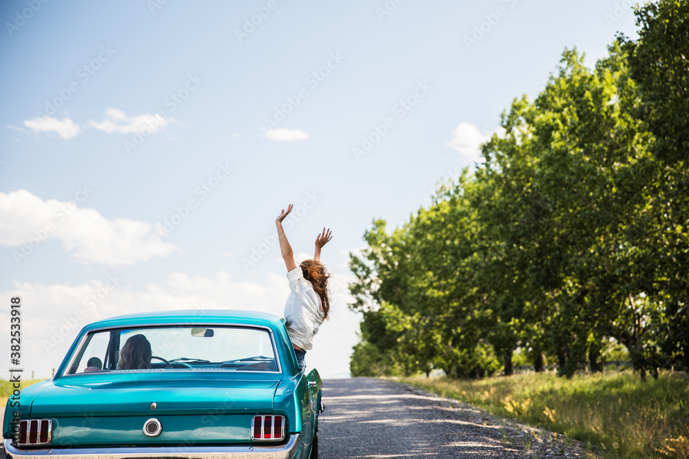 Girl hanging out a vintage car with her hands in the air on a tree line ...