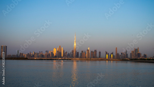 Sunrise over a skyline of a beautiful city of Dubai. Shot made in Jadaf area of the city. UAE.