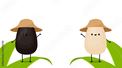 Black and white sesame seed character. Sesame seed on white background. Sesame seed on the leaf
