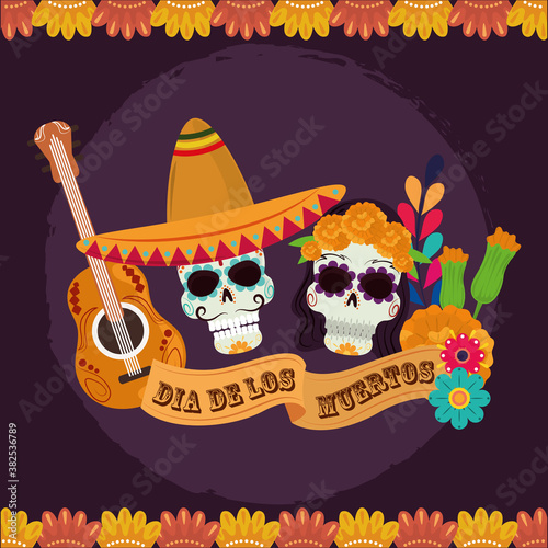 day of the dead, skulls catrina with hat flowers and guitar, mexican celebration