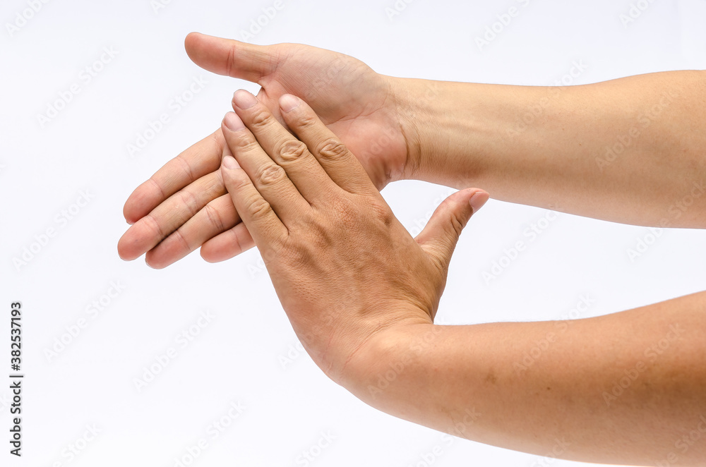 Close up of two hands wash clean with alcohol for protect covid-19, Isolated on white background, place for text or sign. Protect outbreak covid-19 concepts. Close up of two hands wash clean with alcohol for protect covid-19, Isolated on white background, place for text or sign. Protect outbreak covid-19 concepts.