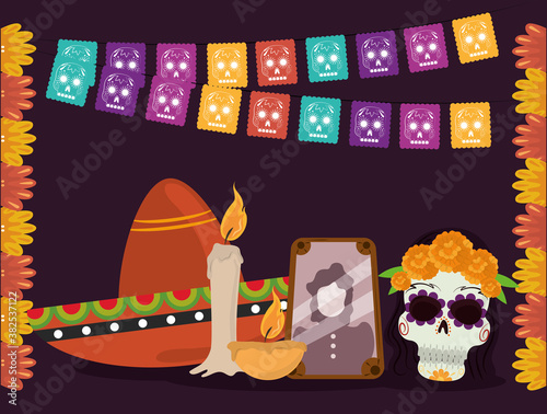 day of the dead, photo frame hat catrina candle and flowers, mexican celebration