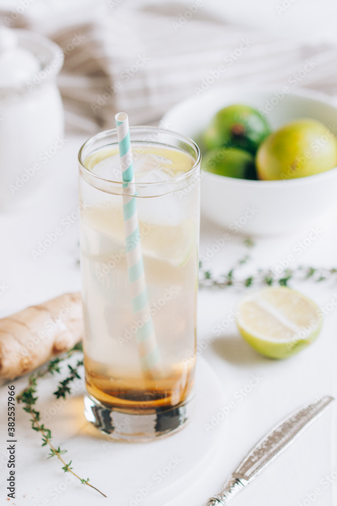 Fresh ginger and lime cocktail with ice Fresh ginger and lime cocktail with ice