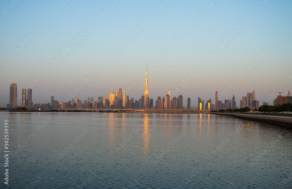 Sunrise over a skyline of a beautiful city of Dubai. Shot made in Jadaf area of the city. UAE.