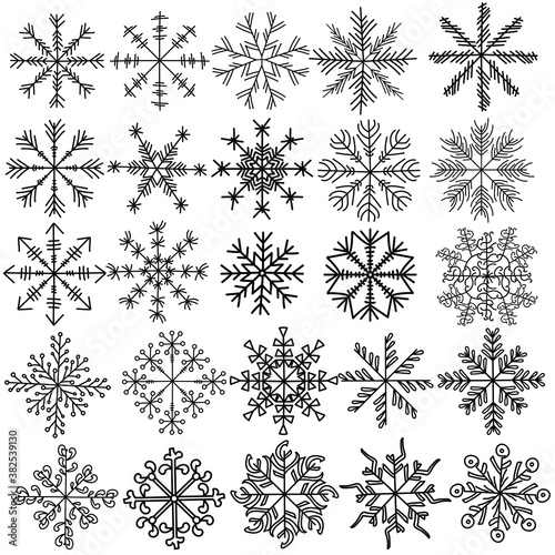 Set of 25 fantasy snowflakes, simple line hand draw graphics in winter motives, outline vector illustration for design and creativity