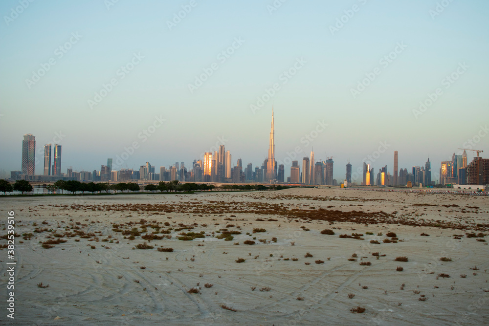 Sunrise over a skyline of a beautiful city of Dubai. Shot made in Jadaf area of the city. UAE.