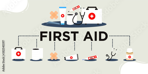 First aid kit supply emergency medical products realistic, healthy care logo