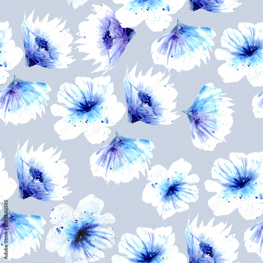 seamless pattern blue watercolor flowers