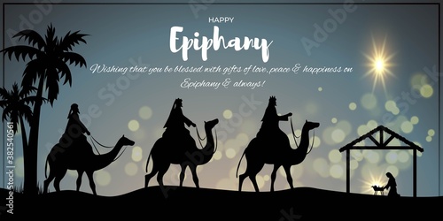 Vector illustration of Epiphany, christian festival, three wise men on camel, bright star, nativity of Jesus, bokeh background.