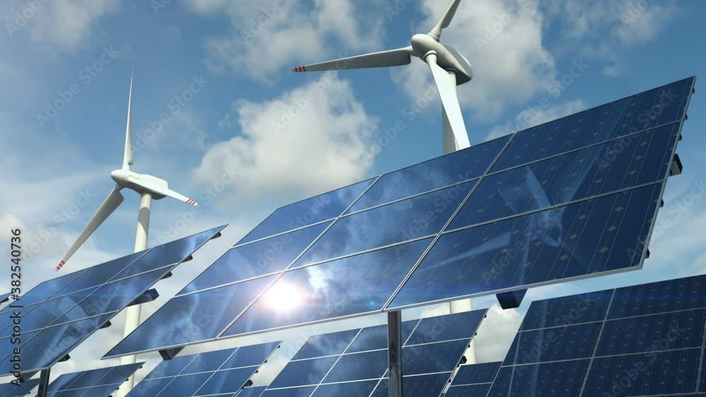 Animation of the ecological clean power with solar panels cells at the front and wind turbines and generators on the background. Those alternative types of electrical energy are clean, eco and green.