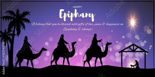 Vector illustration of Epiphany, christian festival, three wise men on camel, bright star, nativity of Jesus, bokeh background.