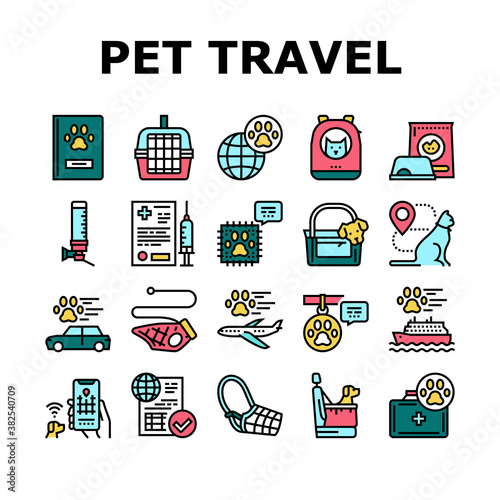 Pet Travel Equipment Collection Icons Set Vector. Pet Transportation Cage And Bag, Leash And Muzzle For Walking, Food Bowl And Drinker Concept Linear Pictograms. Color Contour Illustrations