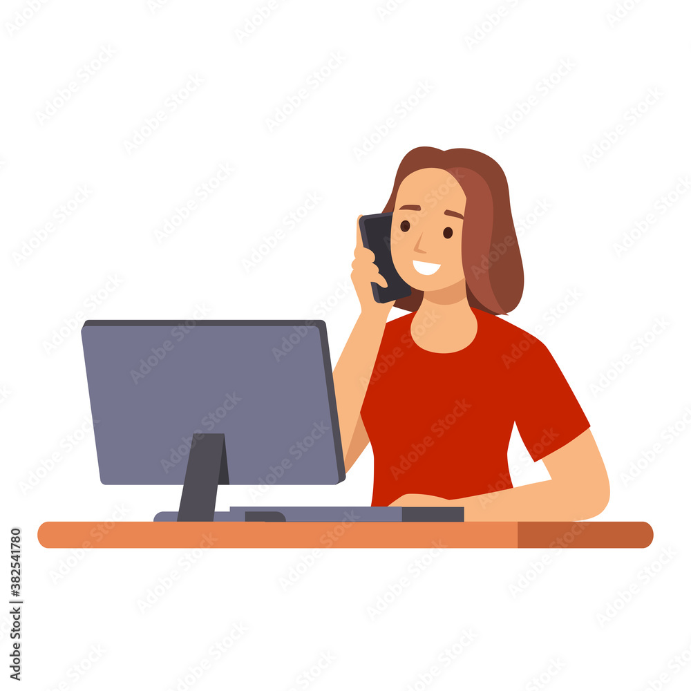 business woman sitting at workplace desk front view business man using computer while talking on landline phone working process concept creative office interior flat horizontal business woman sitting at workplace desk front view business man using computer while talking on landline phone working process concept creative office interior flat horizontal
