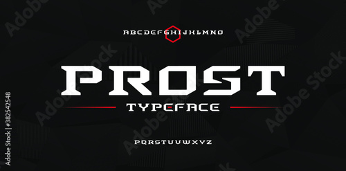Bold modern strong techno, sci fi sport display style font, abstract geometric clean letter set slab serif prost typeface