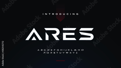 Futuristic ancient modern techno sci fi display font, abstract geometric stencil expanded alphabet, clean monospaced letter set ares typeface photo