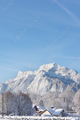 Winter landscape with mountain Untersberg in Elsbethen, near Salzburg, austria photo