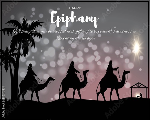 Valokuva Vector illustration of Epiphany, christian festival, three wise men on camel, bright star, nativity of Jesus, bokeh background