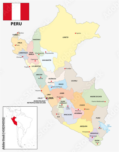 Administrative divisions vector map of Peru with flag