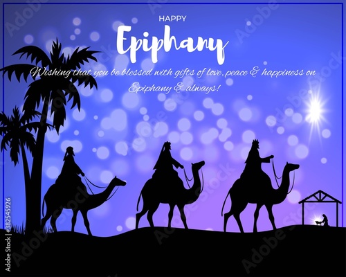 Vector illustration of Epiphany, christian festival, three wise men on camel, bright star, nativity of Jesus, bokeh background.