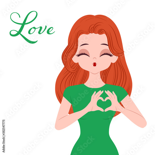 Young woman character isolated on white background making a heart gesture