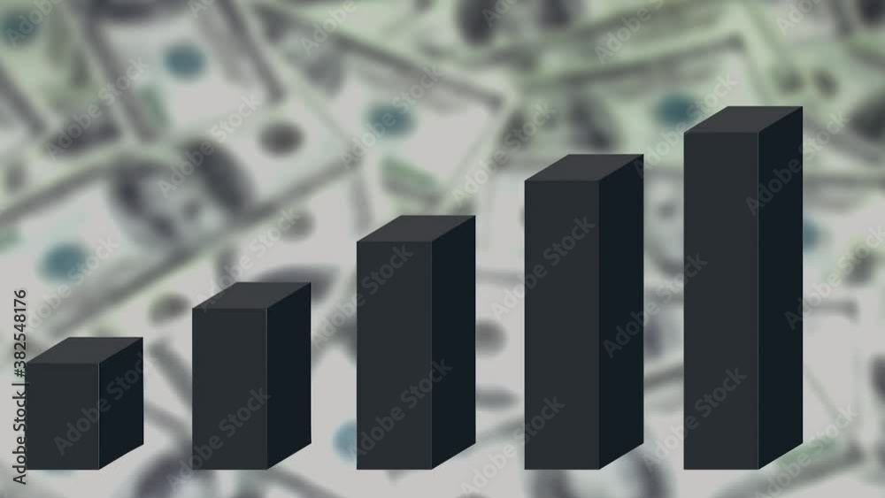 A growing histogram in the form of black pillars. Blurred background of banknotes. 3D animation