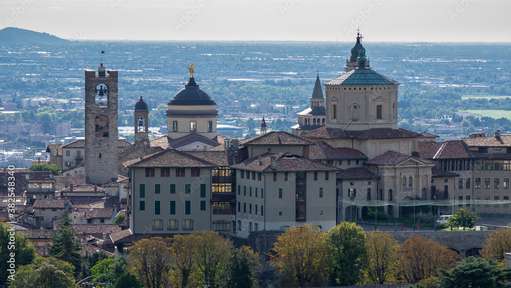 Bergamo. One of the beautiful city in Italy. Lombardia. Amazing landscape at the old town from the surrounding hills. Touristic destination. Best of Italy