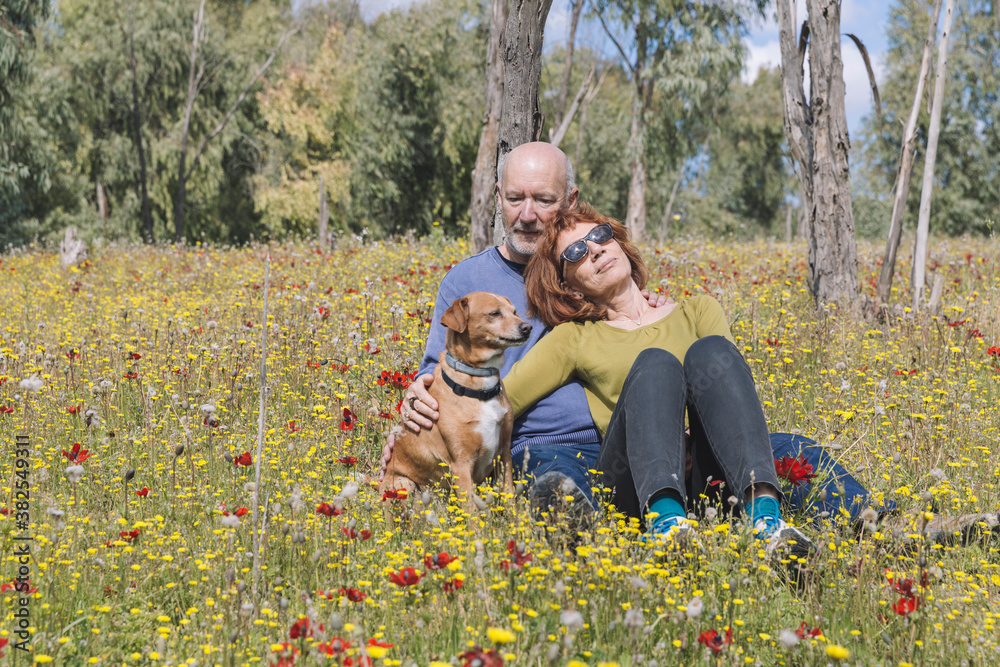 Couple enjoying sunshine in field of flowers Couple enjoying sunshine in field of flowers