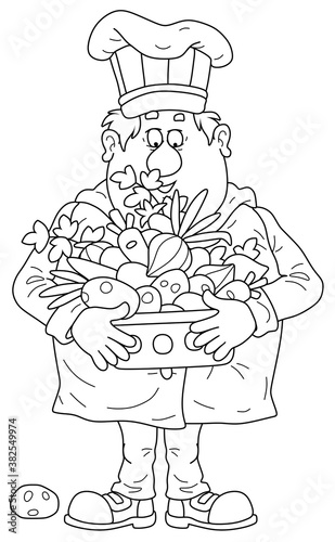 Funny smiling fat cook in a white hat and uniform for cooking  standing and holding a full pan of fresh and ripe vegetables from a kitchen garden  black and white outline vector cartoon illustration