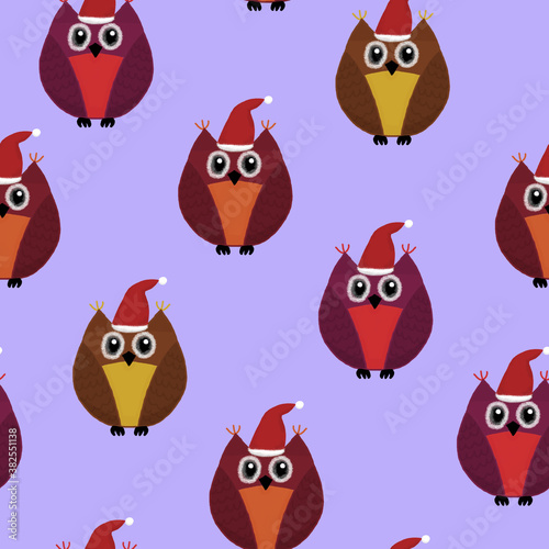 Fototapeta Naklejka Na Ścianę i Meble -  New Year seamless pattern with owls on a purple background