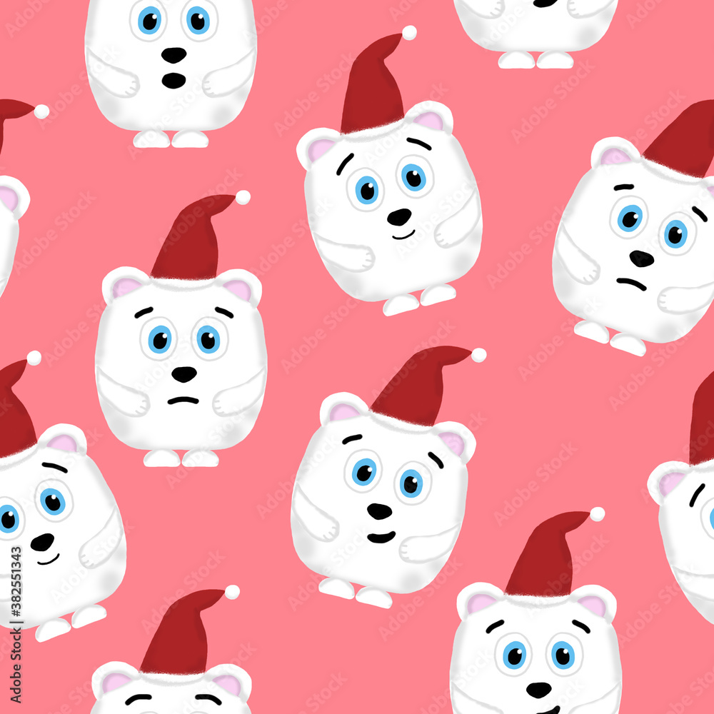 New Year seamless pattern with polar bears on a pink background New Year seamless pattern with polar bears on a pink background